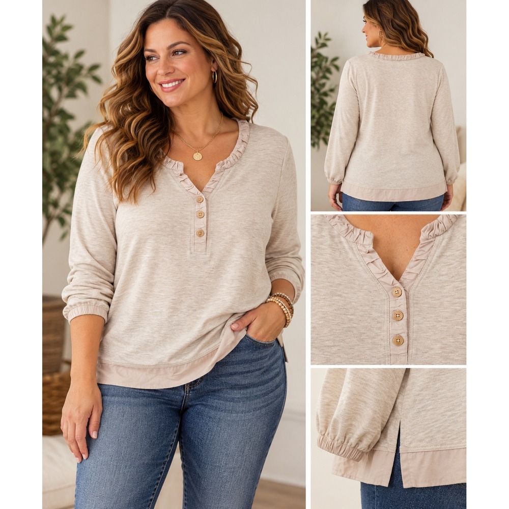 Soft Surroundings Womens Medium Beige Heathered Ruffle Henley Long Sleeve Top